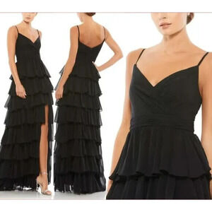 NWT‎ Mac Duggal 55416 Sleeveless Tiered Gown With Ruffled Skirt Sz 2 BLACK
